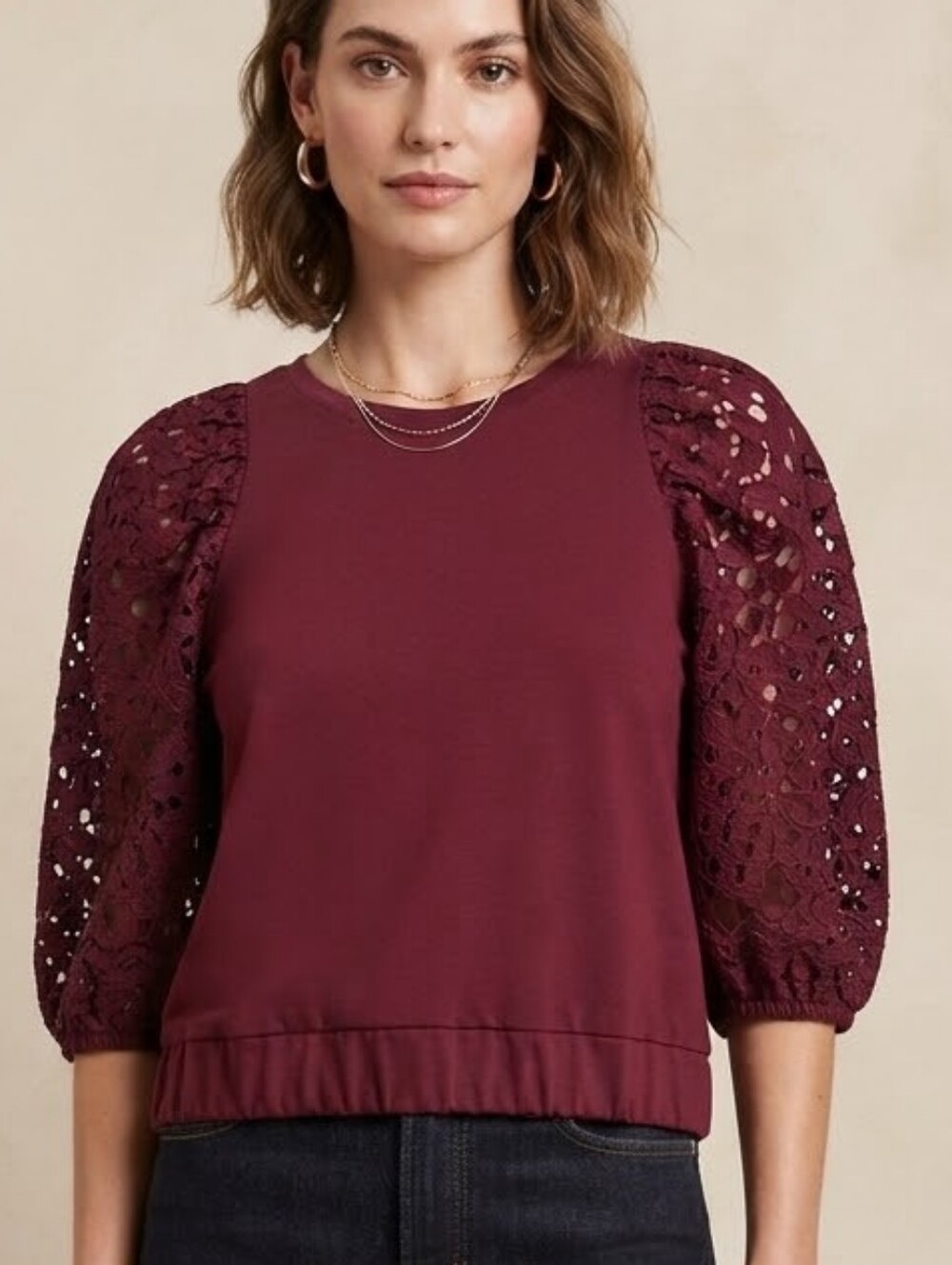 Beautiful Burgundy Lace Balloon Sleeves Top Blouse Sz Size Large L